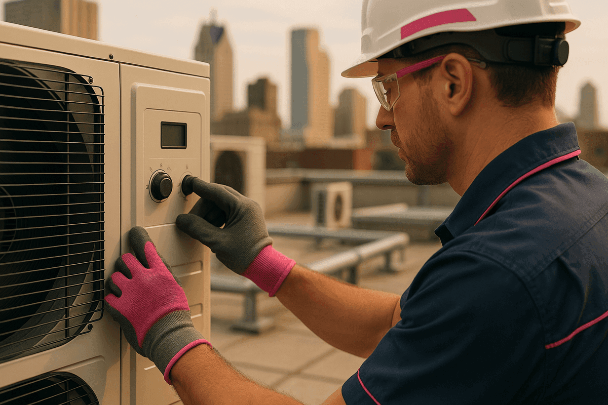 Gloved technician adjusting rooftop air conditioning unit controls wearing PPE