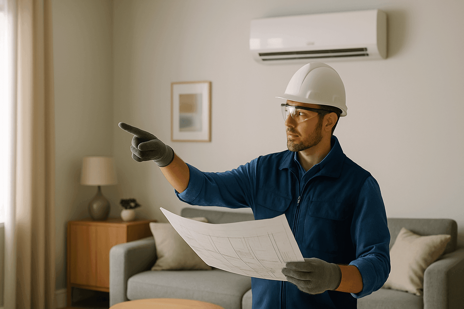 HVAC technician reviewing blueprints and HVAC units in residential living room