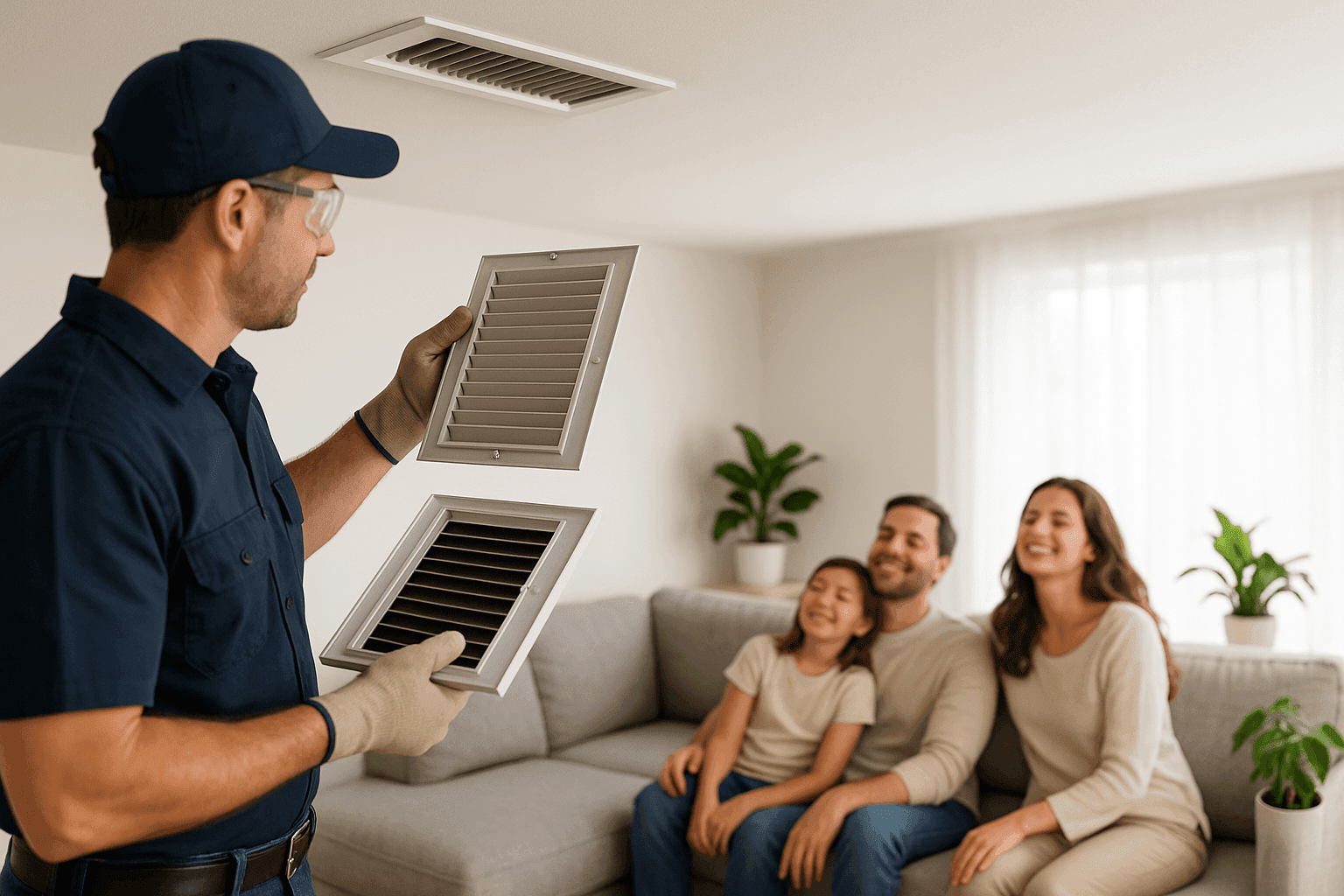Family enjoying fresh indoor air in a clean living room with HVAC vents