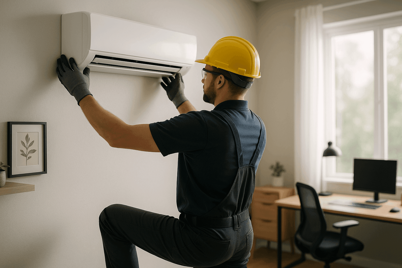Technician installing mini-split indoor unit on wall in home office