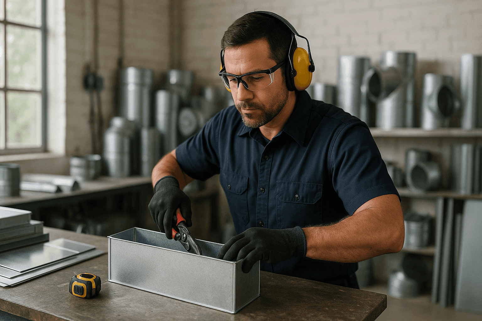 Technician working on custom sheet metal ductwork in workshop