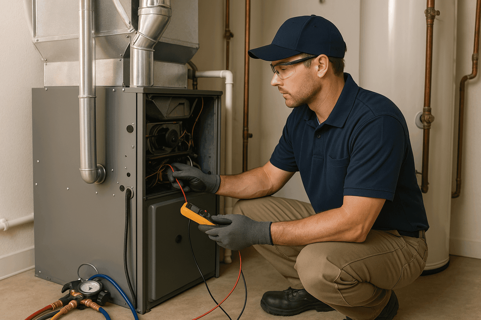 HVAC technician inspecting heating and cooling system for lifespan assessment